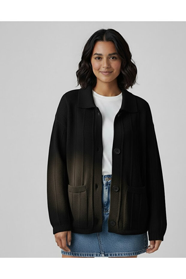 Black Buttoned Polo Neck Cardigan - 9011