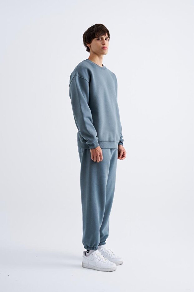 Erkek Basic Bisiklet Yaka Oversize Mavi Sweatshirt - 4