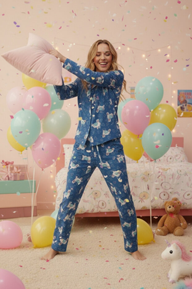 Lama Desenli Düğmeli Uzun Kollu Pijama Takımı - 3