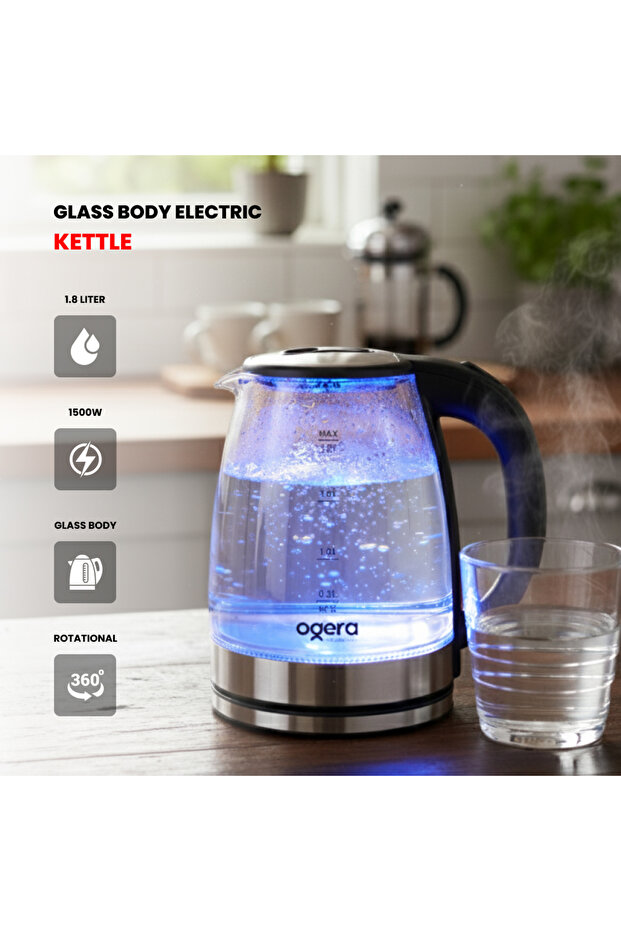 1.8L Glass Body Electric Kettle – Fast Boil, Stainless Steel Heating Plate, Auto Shut-Off