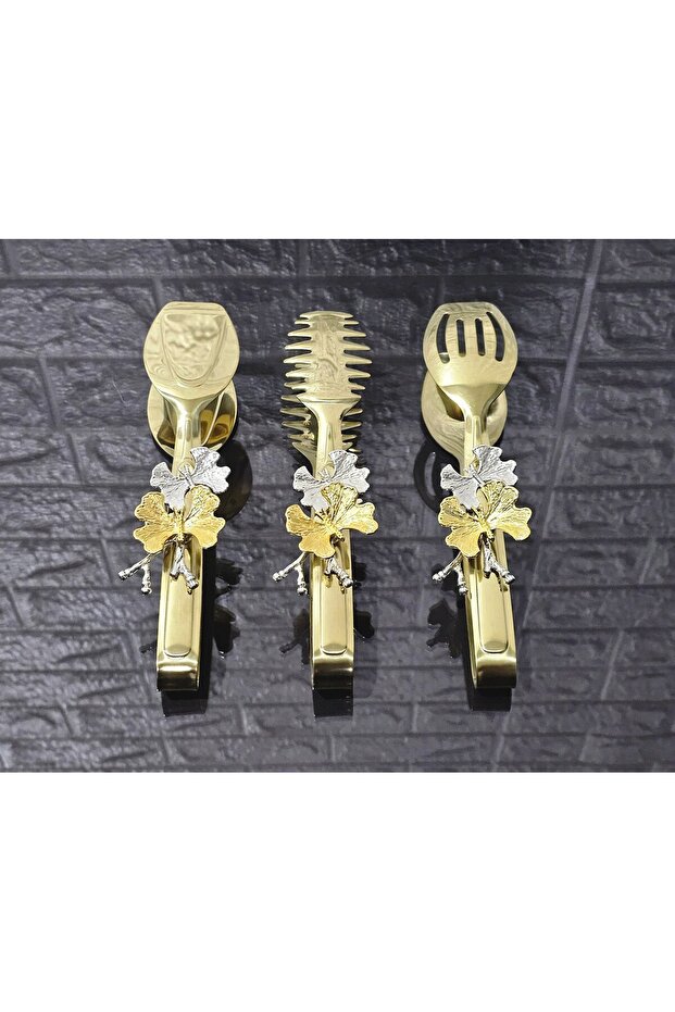 Gold Serving Tongs Set of 3 / Pasta/Pie/Dinner/Presentation Tongs Titanium