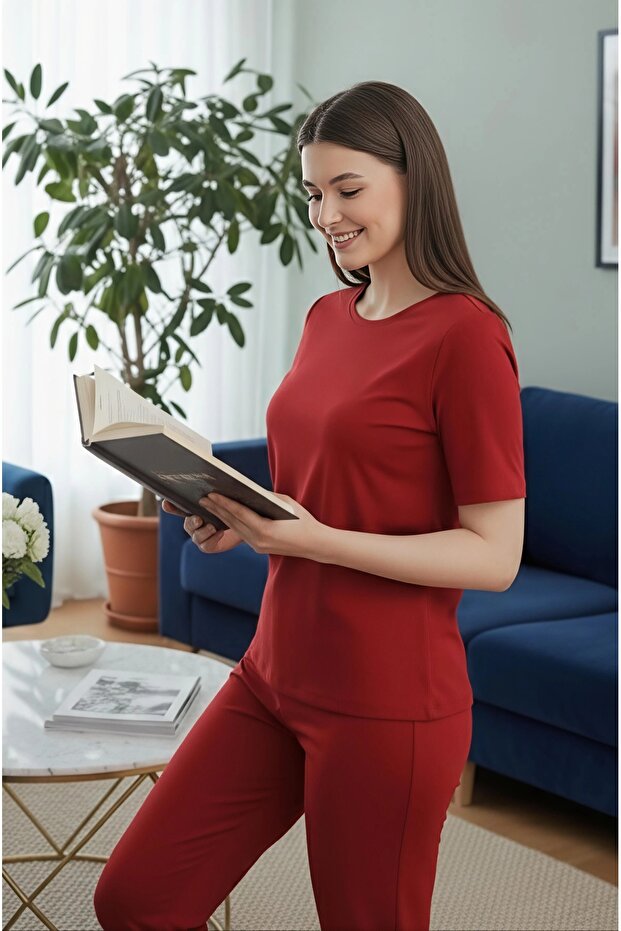 Viscose Knitted Crew Neck Short Sleeve Trousers Pajama Set Plain Claret Red