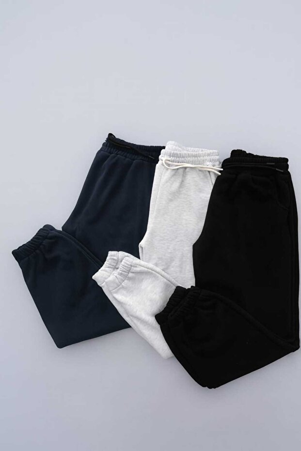 3-Piece Unisex Sweatpants 3-Thread Fleece-Lined Comfortable Elastic Leg Winter (Navy Blue, Black, Grey)