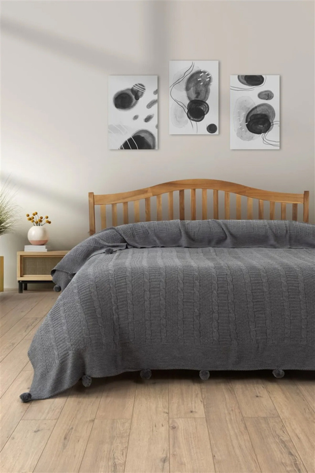 بطانية محبوكة بوم بوم مزدوجة - مفرش سرير عصري وأنيق - رمادي - 220x240 سم