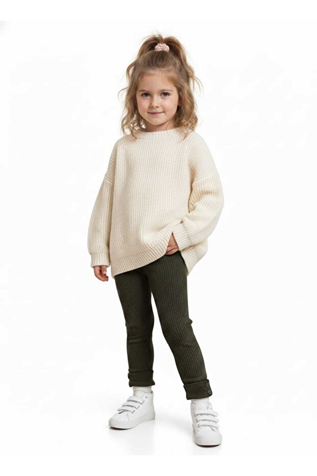 Button Detailed Ribbed Kids Knitwear Leggings