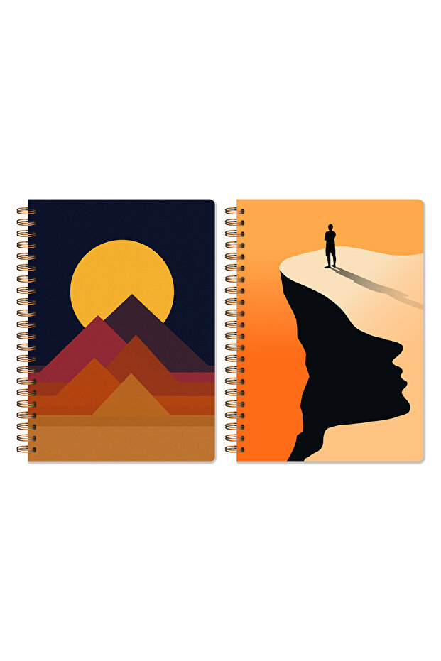 A5 Spiral Telli Defter 2’li Set – 80 Yaprak Piramitler ve Silüet İllüstrasyonu Okul Defteri - 3
