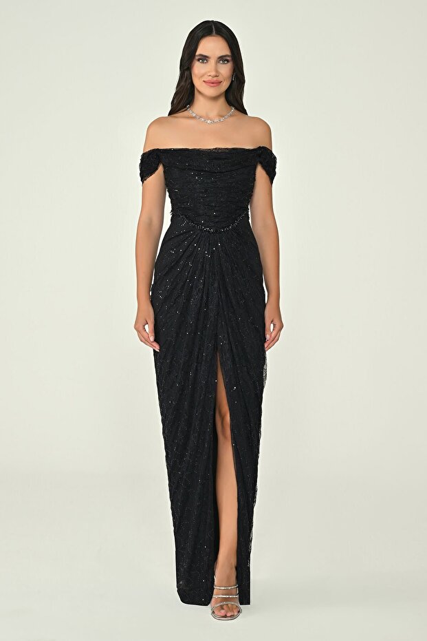Off-Shoulder Evening Dress with Sequins