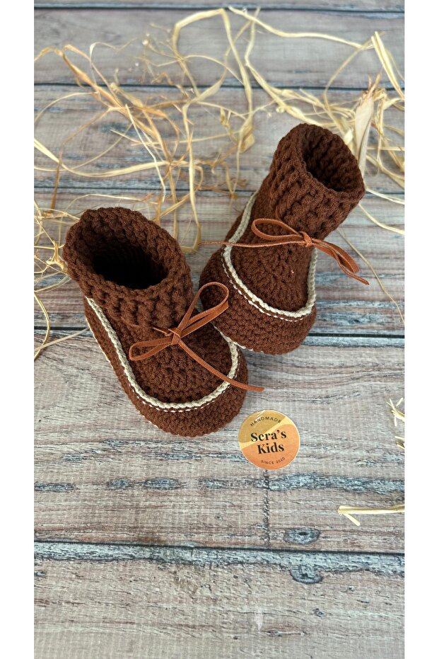 El Örgüsü Erkek Bebek Kahverengi Bot Patik | El Yapımı Lastik Örgü Boğazlı Patik - 1
