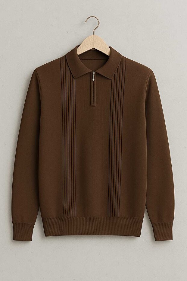 Polo Collar Zipper Striped Old Money Knitted Premium-Quality Soft Long-Sleeve Men's Sweater