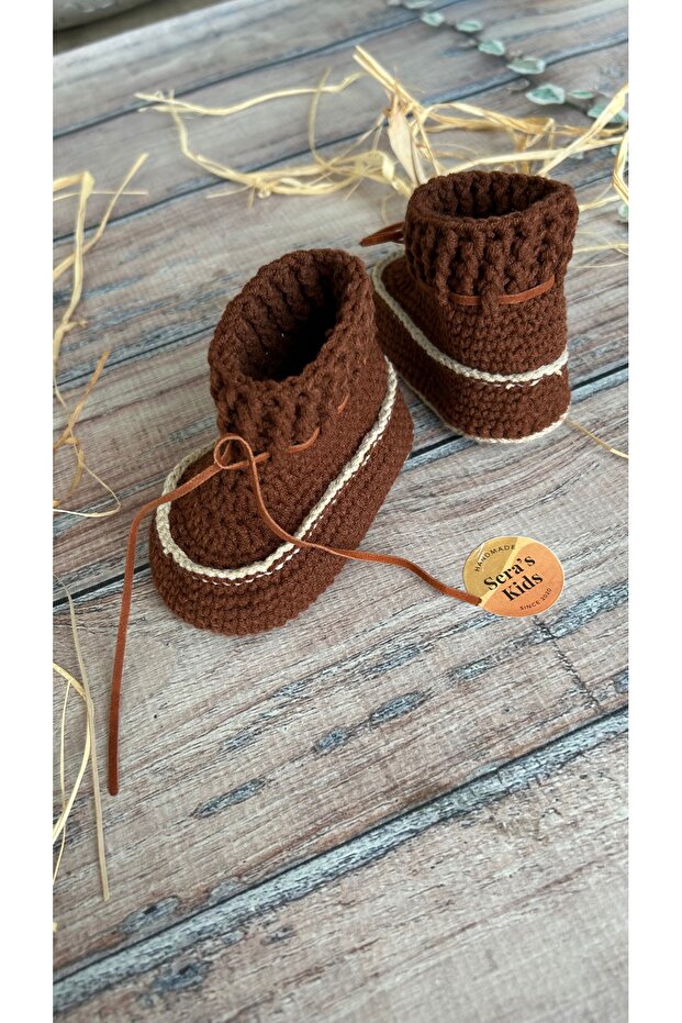 El Örgüsü Erkek Bebek Kahverengi Bot Patik | El Yapımı Lastik Örgü Boğazlı Patik - 4