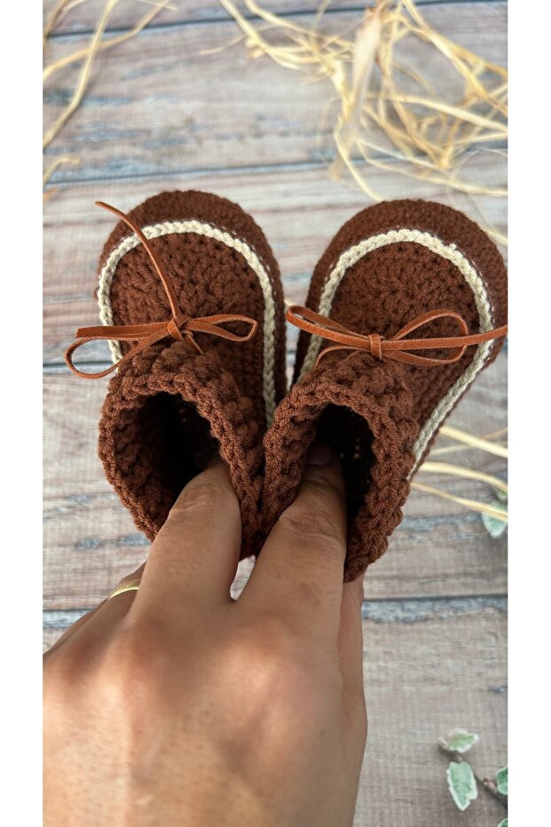El Örgüsü Erkek Bebek Kahverengi Bot Patik | El Yapımı Lastik Örgü Boğazlı Patik - 5