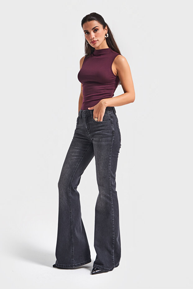 Női füstölt színű 2w5-1 Midrise Flare Fit belső hossz 83 cm Rugalmas szövet farmer farmer - 5