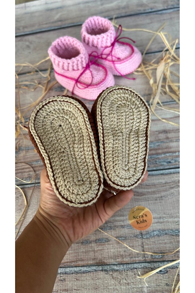 El Örgüsü Erkek Bebek Kahverengi Bot Patik | El Yapımı Lastik Örgü Boğazlı Patik - 7