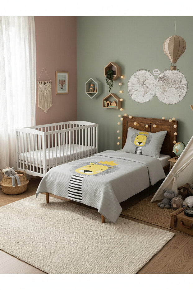 Aslan Desenli Bebek Ve Çocuk Baskılı Tek Kişilik Pike Takımı 160x230 Gri - 1