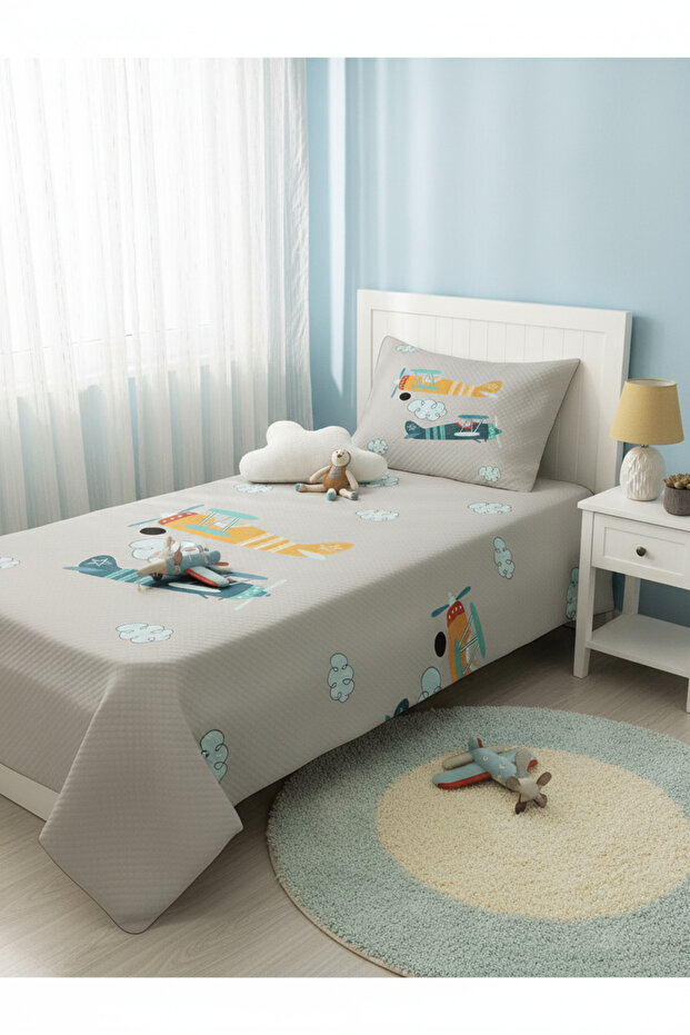 Uçak Desen Tek Kişilik Çocuk Pike Takımı 160x220 cm - 2