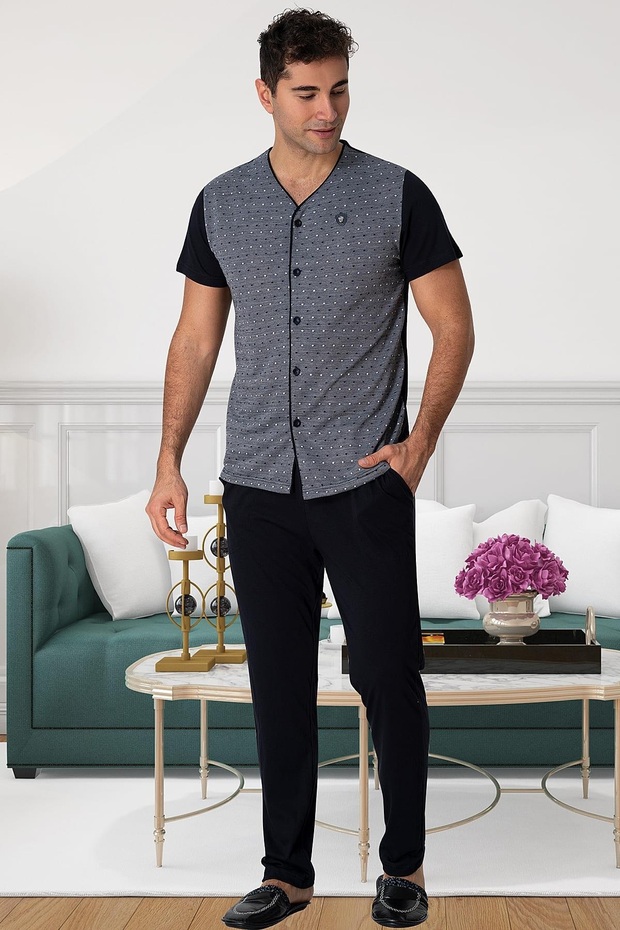 Front Buttoned Plus Size Short Sleeve Men's Pajama Set 100% Cotton - 1