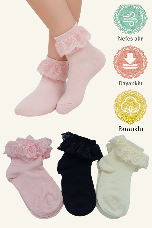 Girls' special lace Stitch-Free socks 3 pairs - for daily and special days