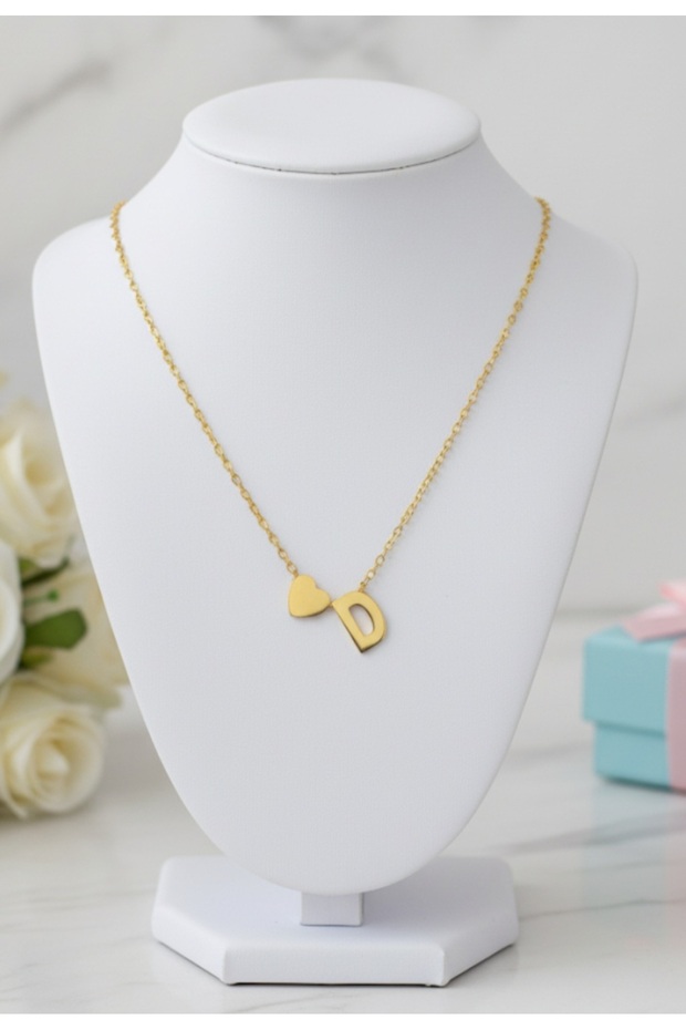 Steel letter heart pendant necklace, stainless steel, tarnish-resistant, gold, stylishly detailed gift necklaces, gold.