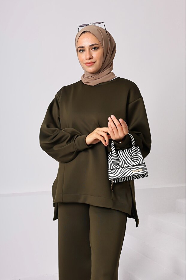 Khaki Women's Scuba Fabric Suit ♦ Oversized Comfortable Fit ♦ Casual Stylish Outfit ♦ Trend Moda İkili
