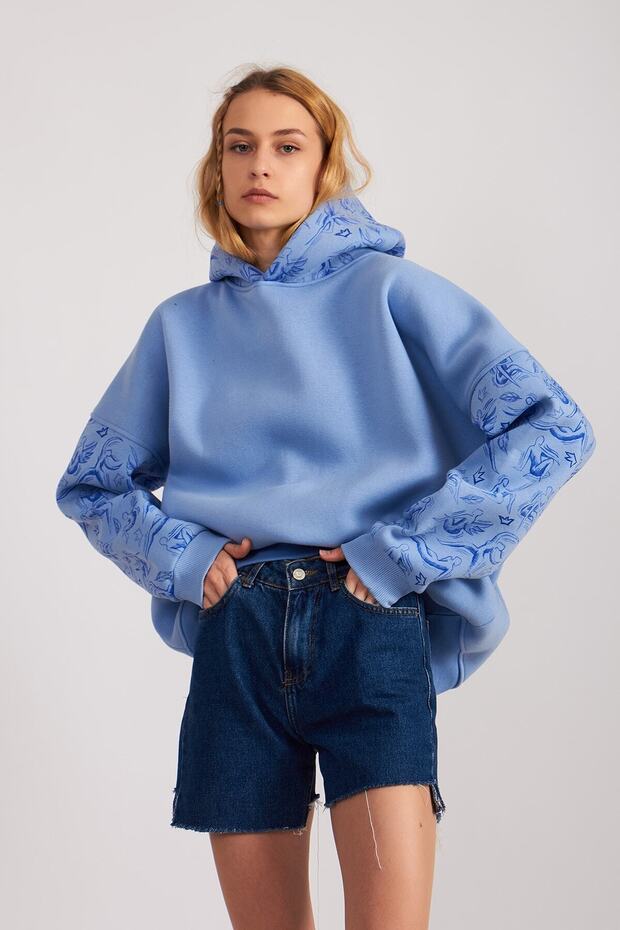 Blue Women's Angel Printed Oversized Hooded Thick 3 Thread Fabric Winter Sweatshirt Hoodie Sweatshirt