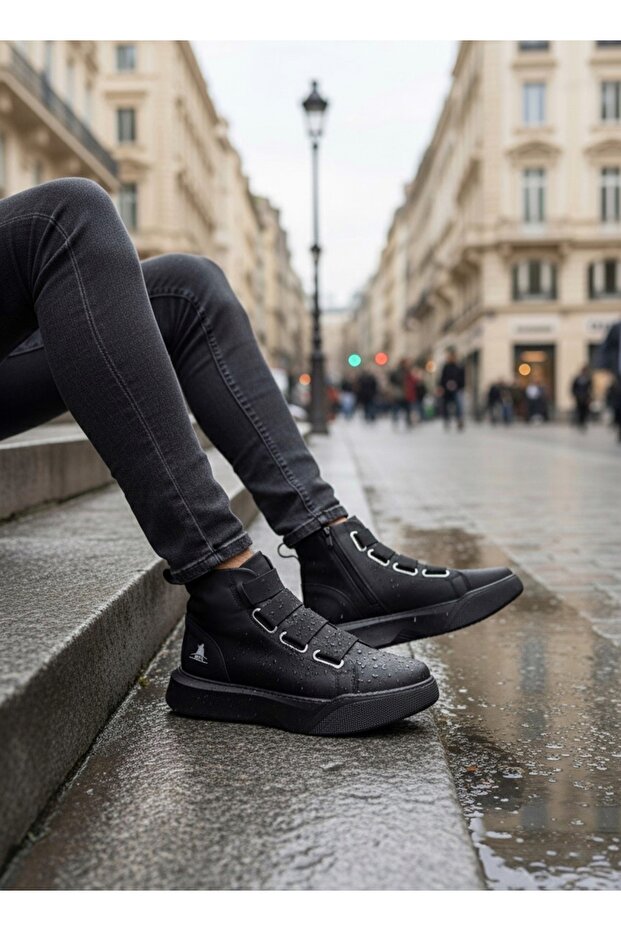 BA0142 Bantlı Erkek Yüksek Taban Siyah Tabanlı Spor Bot - 3