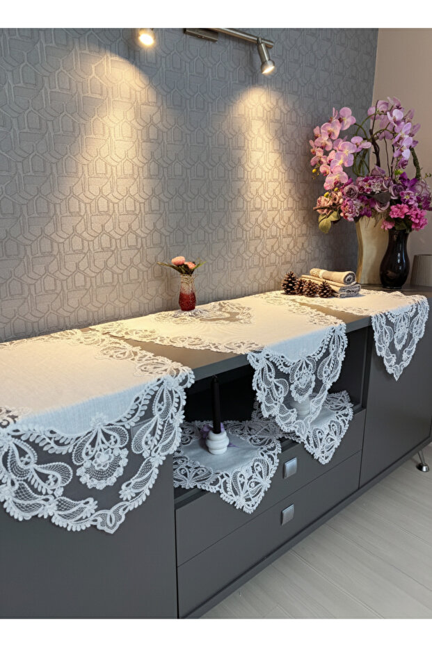French Lace Delicate Model Linen Gardenia Luxury 5-Piece Runner Living Room Coffee Table Cover