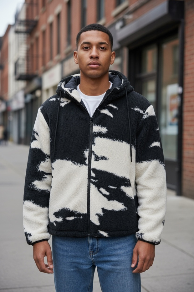 معطف من القطيفة بغطاء رأس مبطن باللون الأسود منقوش على شكل سحابة - 1