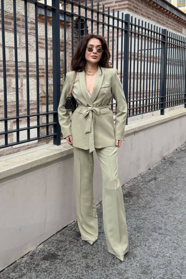 Women's double belted blazer jacket pants set
