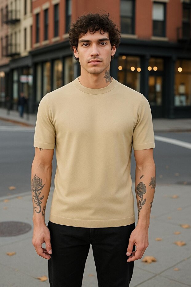 Dar Kesim Basic Erkek Triko Tshirt - 1