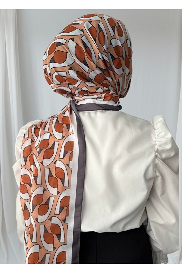 Geometric Patterned Orange Gray Soft Shawl - 5