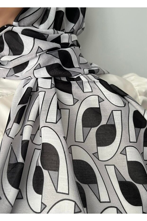 Geometric Patterned Black Gray Soft Shawl - 6