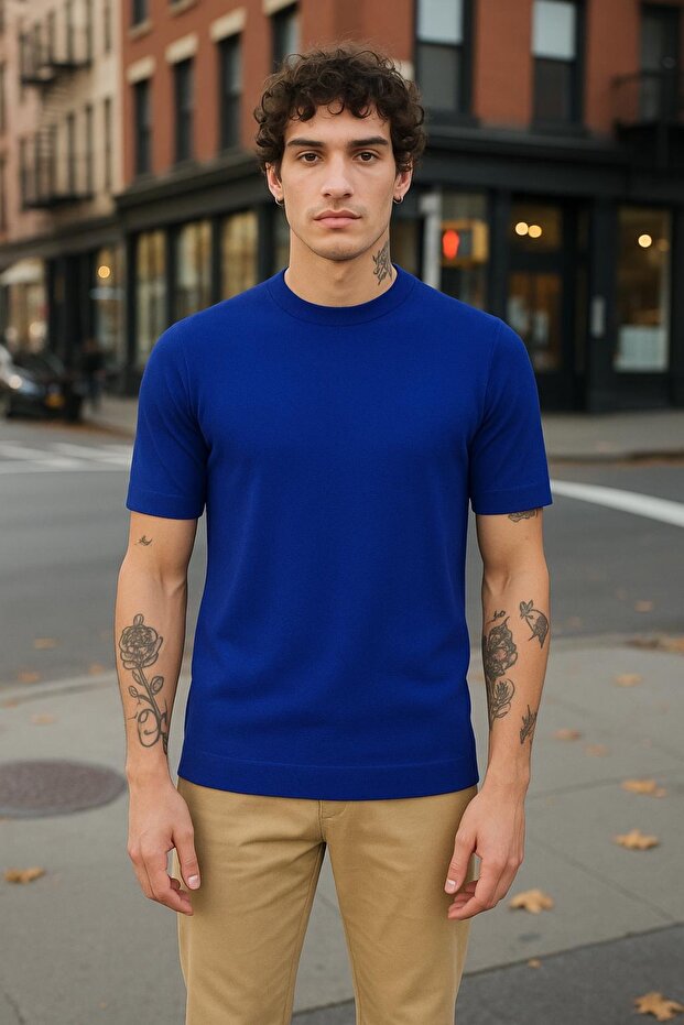 Dar Kesim Basic Erkek Triko Tshirt - 1