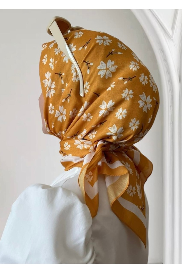Cherry Blossom Patterned Mustard Soft Scarf - 3