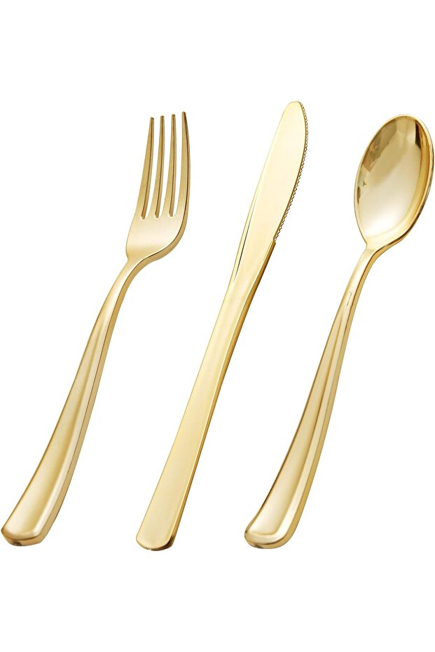 Disposable Silverware Set - Plastic Forks, Knives, Spoons Heavyweight Cutlery Set, Golden (24