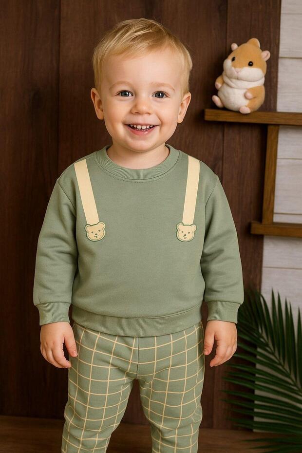 Suspender Look Teddy Bear Figured Plaid Pattern Baby Boy 2-Piece Top and Bottom Seasonal Suit Monthly Holiday