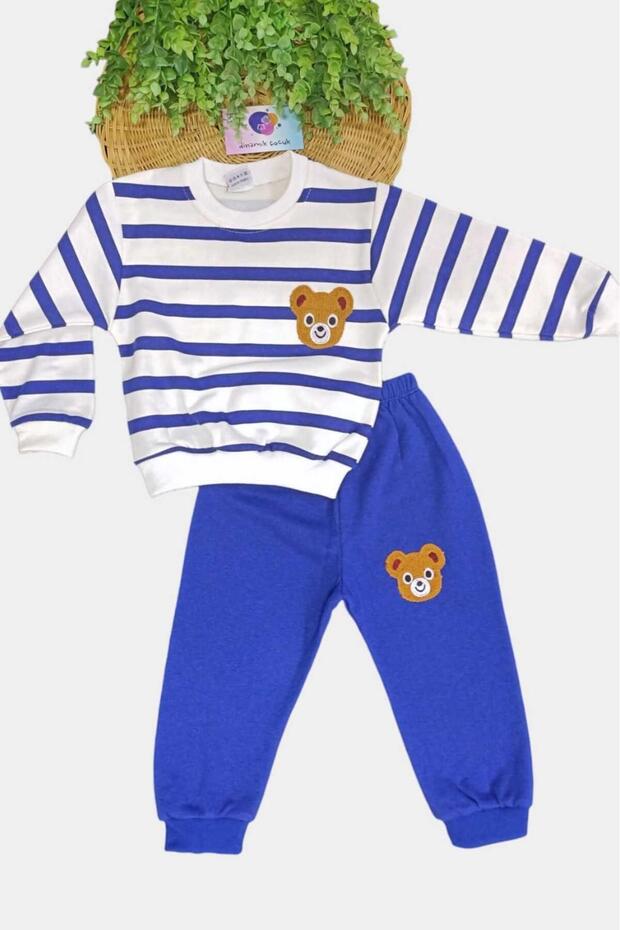 1-9 Years Old Children's Set with Teddy Bear Embroidery, 2-Threaded, Seasonal, Top and Bottom, Double Unisex, Side Stripes