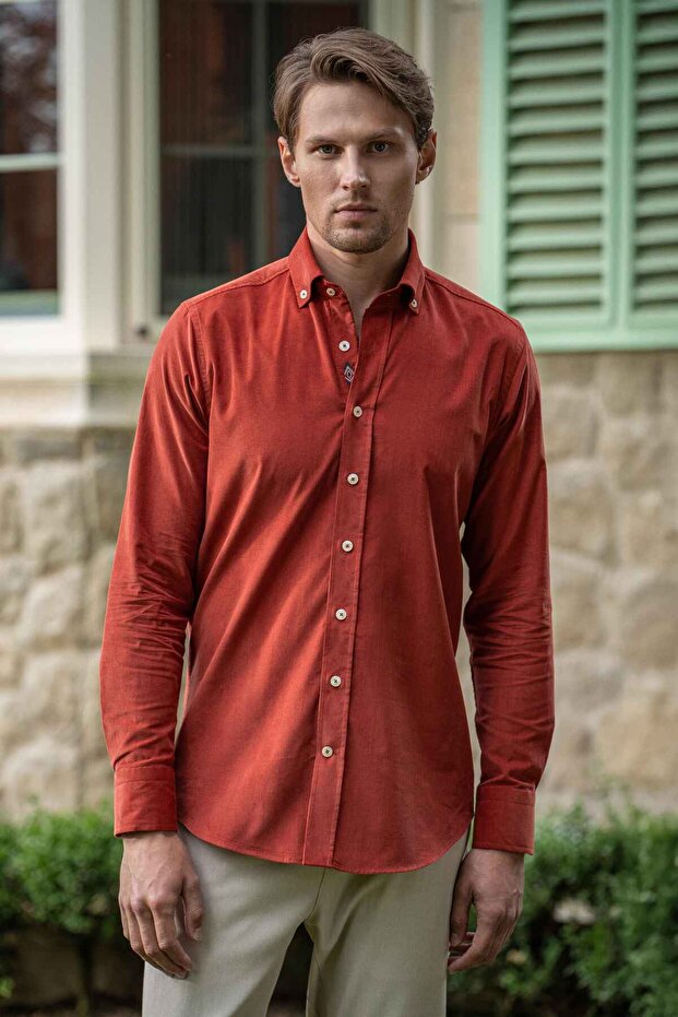 Velvet Collar Buttoned 100% Cotton Comfort Fit Tile Men's Shirt