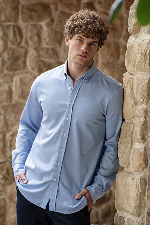 Knitted 100% Mercerized Cotton Comfort Fit Blue Men's Shirt