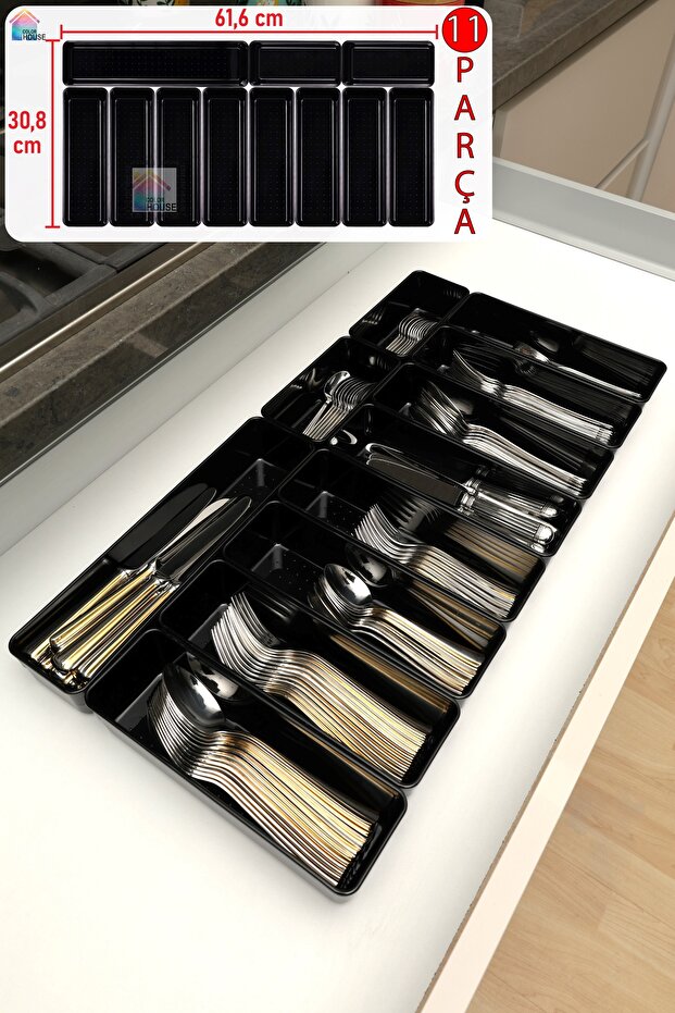 Glossy Black (Piano Black) Set of 11 Modular Drawer Cutlery Organizer Organizer