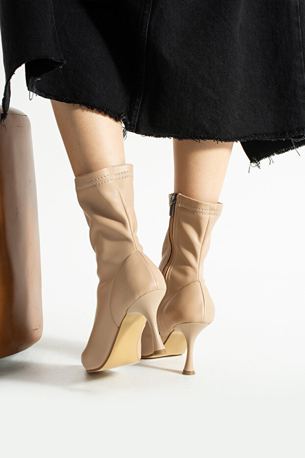 Kadın Nut Streç Cilt Bot 7cm - Sivri Burun Yandan Fermuarlı İnce Topuklu Sock Boot - 5