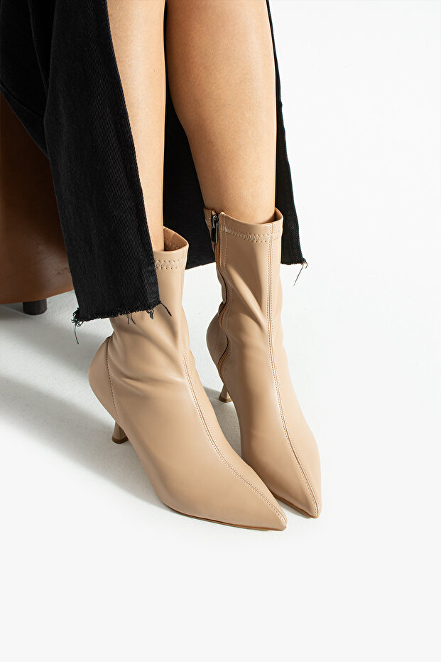 Kadın Nut Streç Cilt Bot 7cm - Sivri Burun Yandan Fermuarlı İnce Topuklu Sock Boot - 6