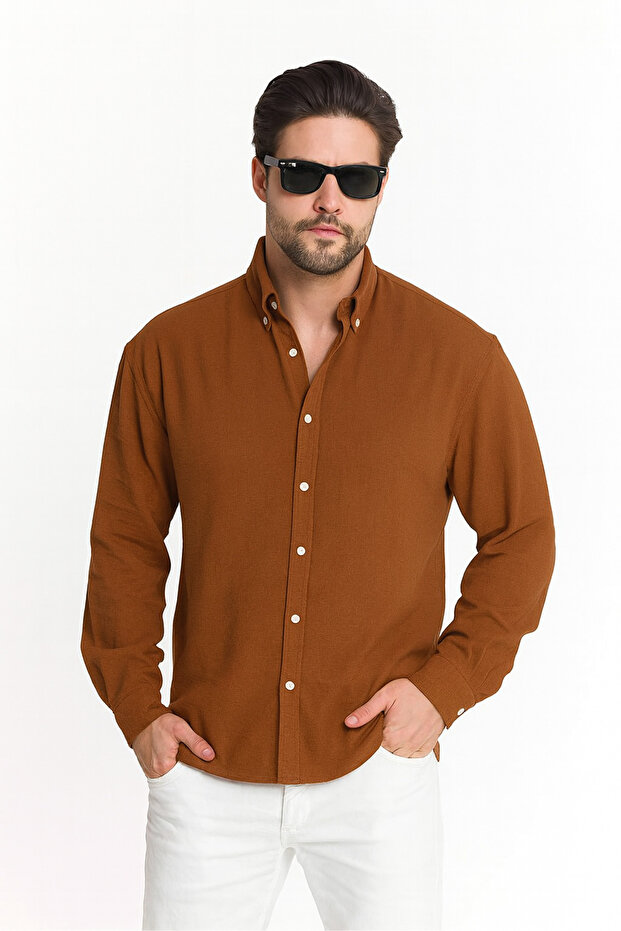 Kahve Oversize Dokulu Aerobin Keten Gömlek Erkek Giyim Kazak Mont Ceket Hırka Sweatshirt - 4