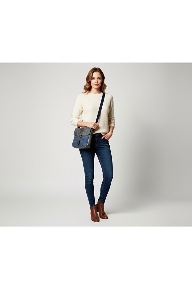 Genuine Leather Canvas Shoulder Bag | Adjustable Strap, Zippered Back Pocket, 20X25 cm
