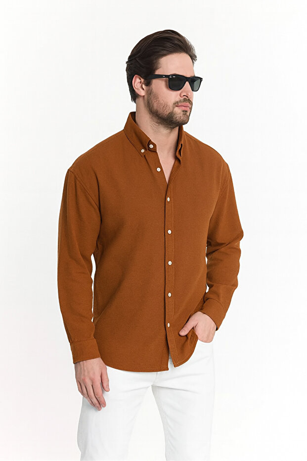 Kahve Oversize Dokulu Aerobin Keten Gömlek Erkek Giyim Kazak Mont Ceket Hırka Sweatshirt - 5