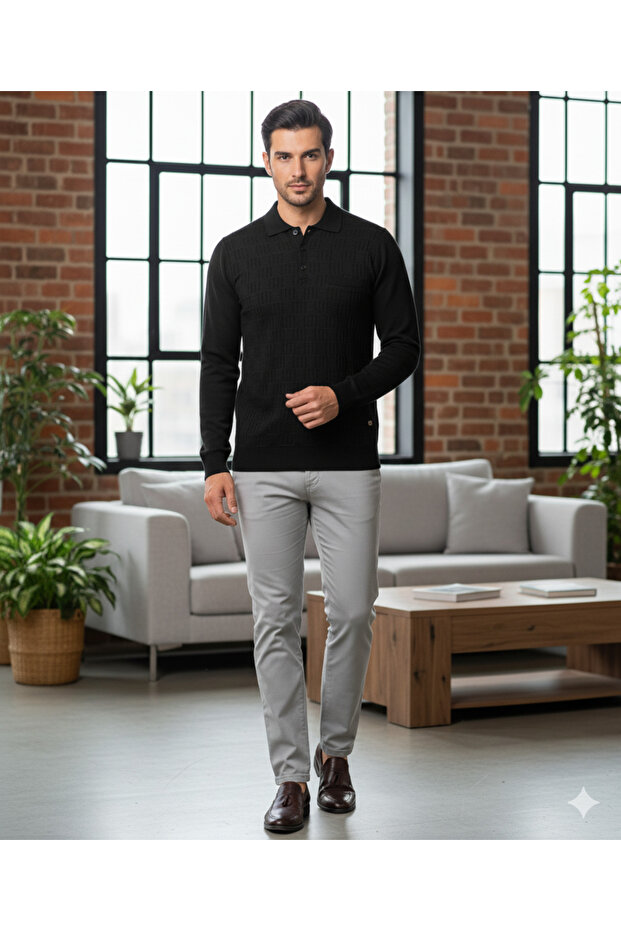 Polo Collar Pocketed Steel Knit Men's Sweater