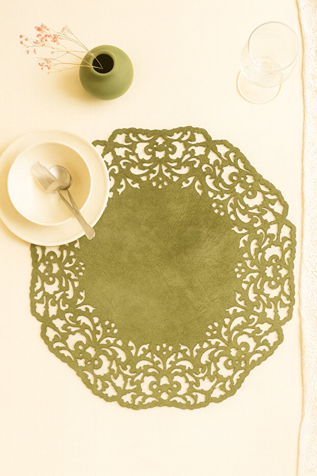 Green Suede Fabric Round Charger American Service Set 6 Pieces 35x35cm