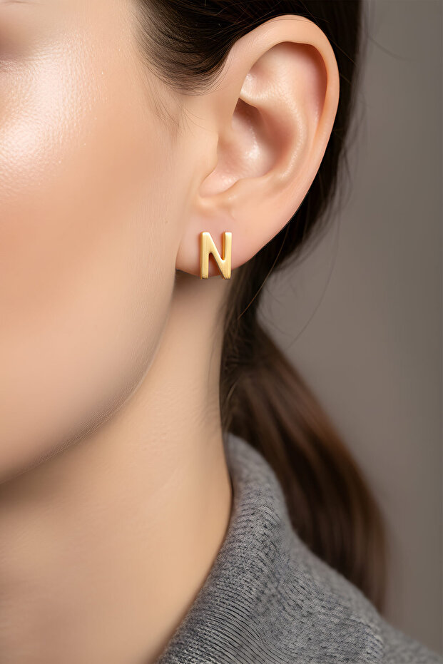 My Story N Harfi 18 Ayar Sarı Altın Kaplama Gümüş Tek Küpe - 2