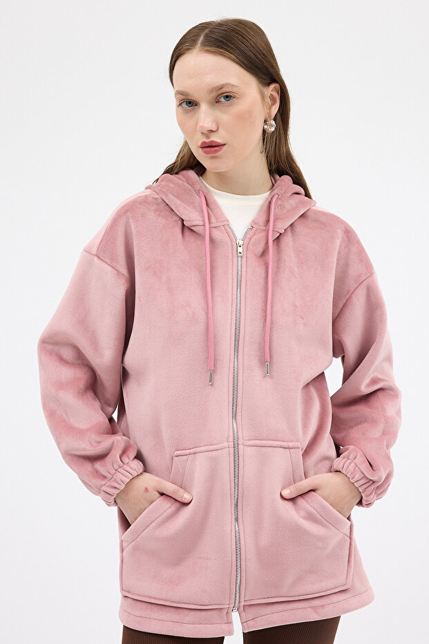 3057A Jachetă de pluș cu fermoar roz - 1