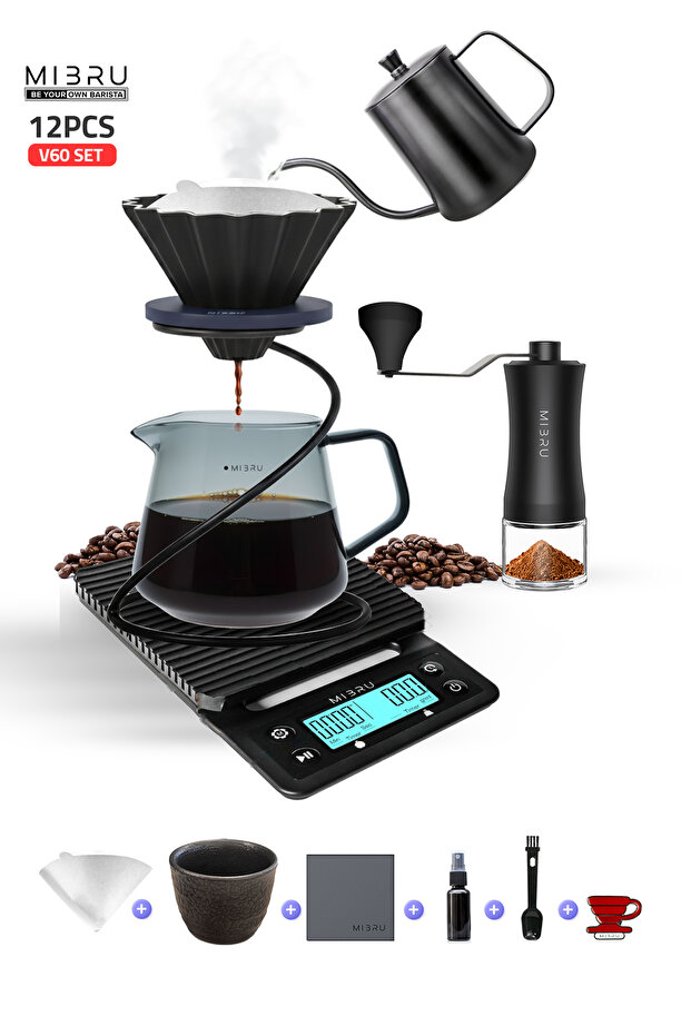 طقم قهوة V60 مكون من 11 قطعة مع ميزان، غلاية 600 مل، مطحنة، ملعقة تقديم، قطارة، فلاتر وأكواب