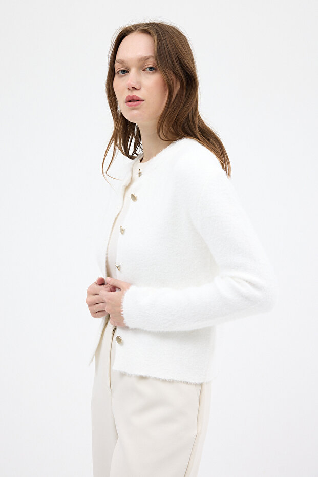 2241 Bisiklet Yaka Düğmeli Hırka Ekru - 2